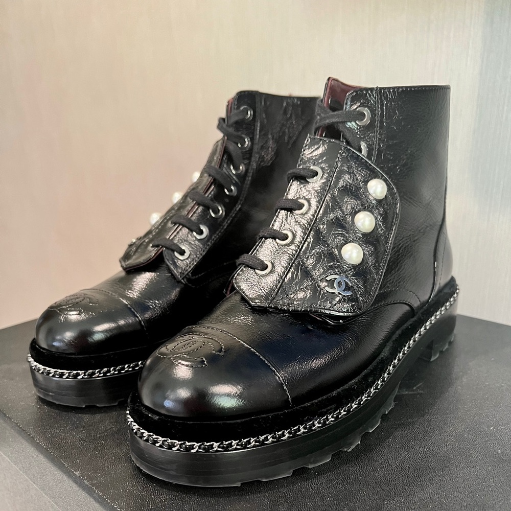 CHANEL Black Leather Combat Boots
